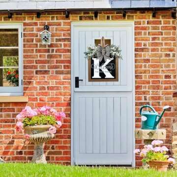 Last Name All Year Round Front Door Wreath,Front Porch Decoration 26 Letter Welcome Wreath, Eucalyptus and Bow Wreath for Spring, Summer, Autumn, Winter, Wall Window, Porch Farmhouse Decoration（K）