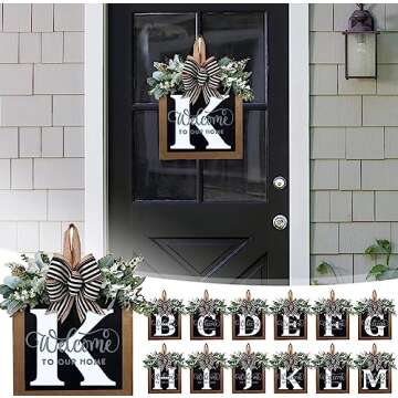 Last Name All Year Round Front Door Wreath,Front Porch Decoration 26 Letter Welcome Wreath, Eucalyptus and Bow Wreath for Spring, Summer, Autumn, Winter, Wall Window, Porch Farmhouse Decoration（K）