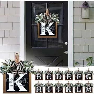 Last Name All Year Round Front Door Wreath,Front Porch Decoration 26 Letter Welcome Wreath, Eucalyptus and Bow Wreath for Spring, Summer, Autumn, Winter, Wall Window, Porch Farmhouse Decoration（K）