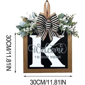 Last Name All Year Round Front Door Wreath,Front Porch Decoration 26 Letter Welcome Wreath, Eucalyptus and Bow Wreath for Spring, Summer, Autumn, Winter, Wall Window, Porch Farmhouse Decoration（K）