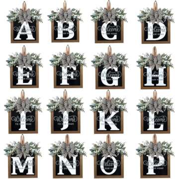 Last Name All Year Round Front Door Wreath,Front Porch Decoration 26 Letter Welcome Wreath, Eucalyptus and Bow Wreath for Spring, Summer, Autumn, Winter, Wall Window, Porch Farmhouse Decoration（K）