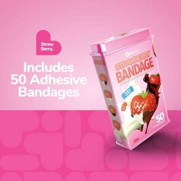 BioSwiss Bandages, Strawberry Shaped Self Adhesive Bandage, Latex Free Sterile Wound Care, Fun First Aid Kit Supplies for Kids, 50 Count