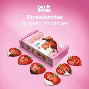 BioSwiss Bandages, Strawberry Shaped Self Adhesive Bandage, Latex Free Sterile Wound Care, Fun First Aid Kit Supplies for Kids, 50 Count