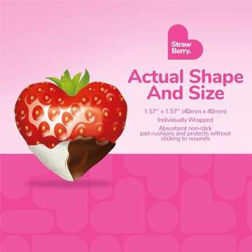 BioSwiss Bandages, Strawberry Shaped Self Adhesive Bandage, Latex Free Sterile Wound Care, Fun First Aid Kit Supplies for Kids, 50 Count