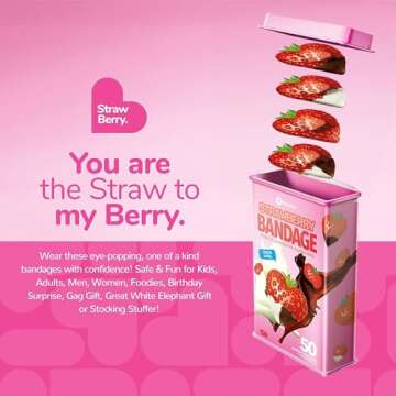 BioSwiss Bandages, Strawberry Shaped Self Adhesive Bandage, Latex Free Sterile Wound Care, Fun First Aid Kit Supplies for Kids, 50 Count