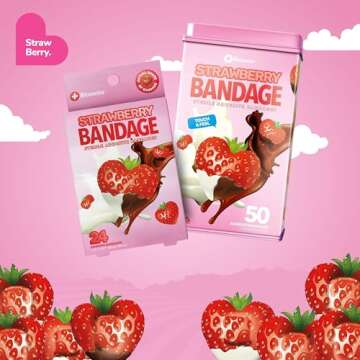 BioSwiss Bandages, Strawberry Shaped Self Adhesive Bandage, Latex Free Sterile Wound Care, Fun First Aid Kit Supplies for Kids, 50 Count
