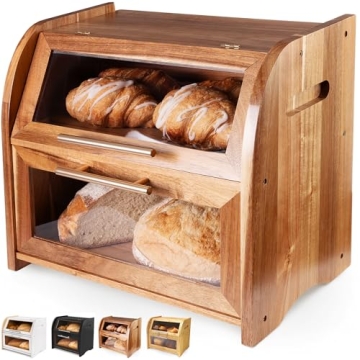 Arise Stylish Acacia Bread Box for Kitchen Countertop Extra Large 2-Shelf Wooden Storage with Clear ...