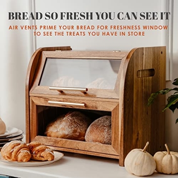 Extra Large Acacia Bread Box with Clear Windows for Freshness