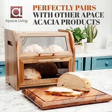 Extra Large Acacia Bread Box with Clear Windows for Freshness