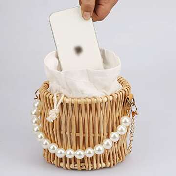 Hand-woven Wicker Handbag Basket Purse Retro Summer Women Straw Tote,Round