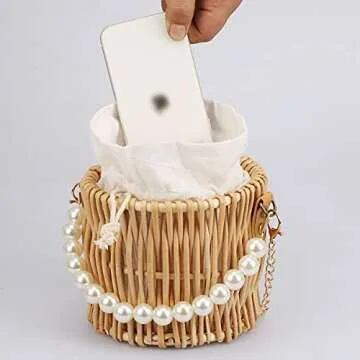 Hand-woven Wicker Handbag Basket Purse Retro Summer Women Straw Tote,Round