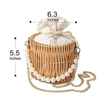 Hand-woven Wicker Handbag Basket Purse Retro Summer Women Straw Tote,Round