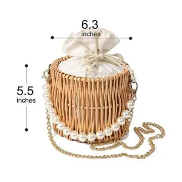 Hand-woven Wicker Handbag Basket Purse Retro Summer Women Straw Tote,Round