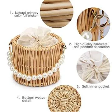 Hand-woven Wicker Handbag Basket Purse Retro Summer Women Straw Tote,Round