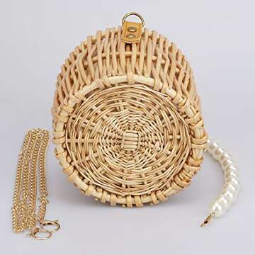 Hand-woven Wicker Handbag Basket Purse Retro Summer Women Straw Tote,Round