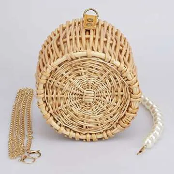 Hand-woven Wicker Handbag Basket Purse Retro Summer Women Straw Tote,Round