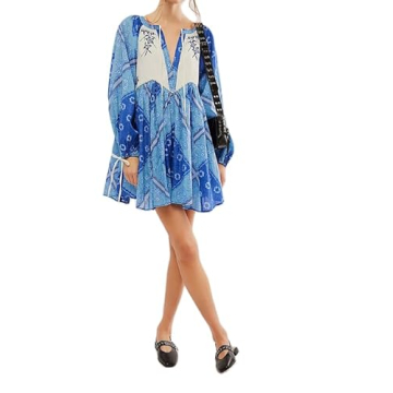 Women Boho Puff Sleeves Floral Mini Dress Tie Front Flowy Babydoll Short Dresses Vintage Colorful Pr...