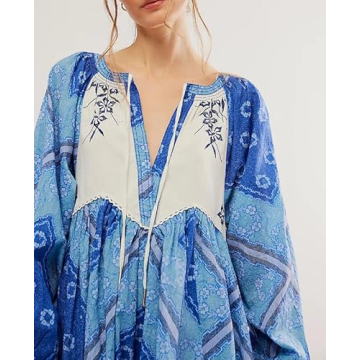 Women Boho Puff Sleeves Floral Mini Dress Tie Front Flowy Babydoll Short Dresses Vintage Colorful Printed Beach Sundress