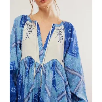 Women Boho Puff Sleeves Floral Mini Dress Tie Front Flowy Babydoll Short Dresses Vintage Colorful Printed Beach Sundress