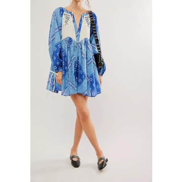 Women Boho Puff Sleeves Floral Mini Dress Tie Front Flowy Babydoll Short Dresses Vintage Colorful Printed Beach Sundress