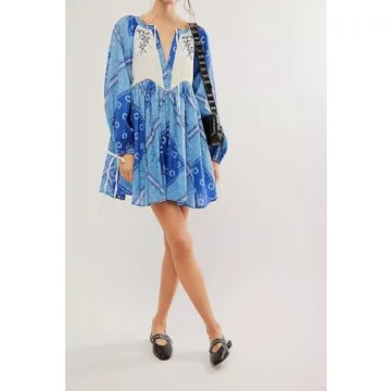 Women Boho Puff Sleeves Floral Mini Dress Tie Front Flowy Babydoll Short Dresses Vintage Colorful Printed Beach Sundress