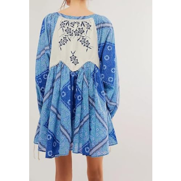 Women Boho Puff Sleeves Floral Mini Dress Tie Front Flowy Babydoll Short Dresses Vintage Colorful Printed Beach Sundress