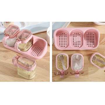 Glass Transparent Spice Jar Seasoning Box Set Kitchen Container Tools Condiment Jars Cruet with Cover and Spoon Kitchen Utensils Supplies Salt Cellar with Lid (Pink, 3)(with base)