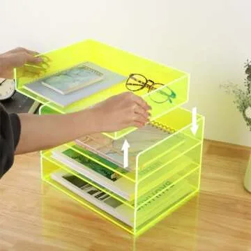 Acrylic File Organizer for Desk 4 Tiered Stackable Letter Tray Office Paper Storage Desktop Document Sorter, Neon Green