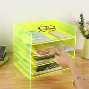 Acrylic File Organizer for Desk 4 Tiered Stackable Letter Tray Office Paper Storage Desktop Document Sorter, Neon Green