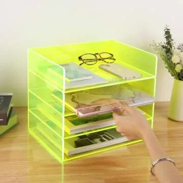 Acrylic File Organizer for Desk 4 Tiered Stackable Letter Tray Office Paper Storage Desktop Document Sorter, Neon Green