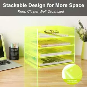 Acrylic File Organizer for Desk 4 Tiered Stackable Letter Tray Office Paper Storage Desktop Document Sorter, Neon Green
