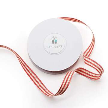 CT CRAFT LLC Ivory Cotton Red Stripes Ribbon 3/8" x 10 Yards for Home Décor Gift Present Wrapping DIY Crafts Birthday Wedding Bouquet Christmas