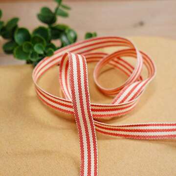CT CRAFT LLC Ivory Cotton Red Stripes Ribbon 3/8" x 10 Yards for Home Décor Gift Present Wrapping DIY Crafts Birthday Wedding Bouquet Christmas