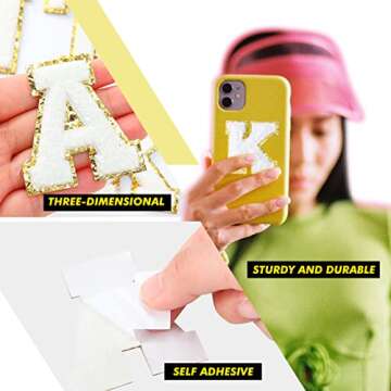 104 Pieces Self Adhesive Chenille Letter Patches Dupes Glitter Initial for Clothing DIY Mobile Phone Backpacks Hat (White)
