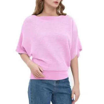 EDSTAR Boat Neck Batwing Sleeves Dolman Knitted Sweaters Pullovers Tops Summer Cap Sleeve Knit Sweater for Women (Short Sleeve, Pink)