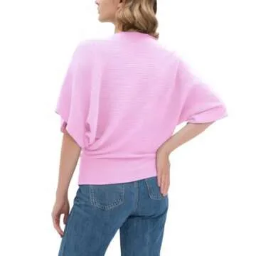 EDSTAR Boat Neck Batwing Sleeves Dolman Knitted Sweaters Pullovers Tops Summer Cap Sleeve Knit Sweater for Women (Short Sleeve, Pink)