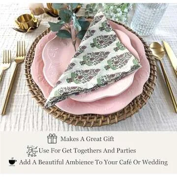 Craftbot Soft Cotton Dinner Napkins 18x18 inches - Washable Thin Cloth Napkins Set of 6 - Everyday Use or Dinner Party and Event - Beige with Green Floral Pattern LIGHTWEIGHT Indian Block Print Fabric