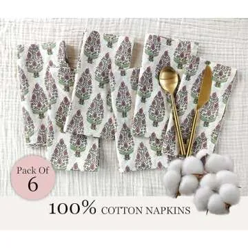 Craftbot Soft Cotton Dinner Napkins 18x18 inches - Washable Thin Cloth Napkins Set of 6 - Everyday Use or Dinner Party and Event - Beige with Green Floral Pattern LIGHTWEIGHT Indian Block Print Fabric