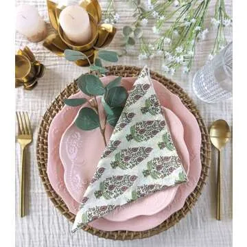 Craftbot Soft Cotton Dinner Napkins 18x18 inches - Washable Thin Cloth Napkins Set of 6 - Everyday Use or Dinner Party and Event - Beige with Green Floral Pattern LIGHTWEIGHT Indian Block Print Fabric