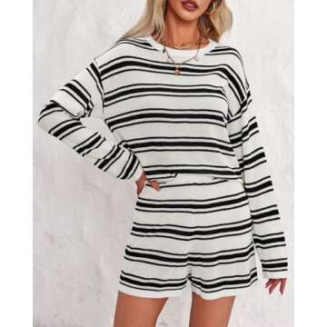 Langwyqu Womens Striped Pajama Sets Long Sleeve Crewneck Sweater Top and Shorts 2 Piece Outfits Lounge Sets