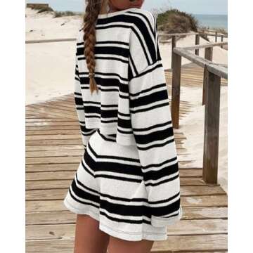 Langwyqu Womens Striped Pajama Sets Long Sleeve Crewneck Sweater Top and Shorts 2 Piece Outfits Lounge Sets