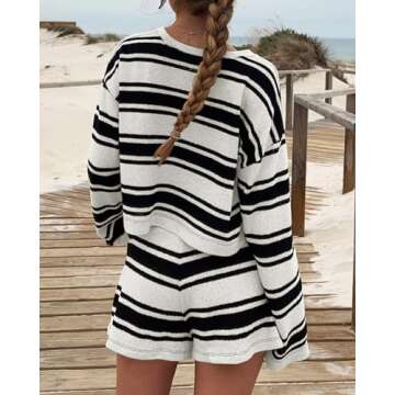 Langwyqu Womens Striped Pajama Sets Long Sleeve Crewneck Sweater Top and Shorts 2 Piece Outfits Lounge Sets