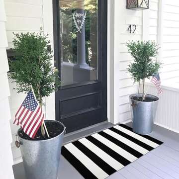 KOZYFLY Black and White Area Rug 27.5x43 Inches Striped Front Door Rug Cotton Washable Indoor Outdoor Rug Doormats Outdoor Small Striped Rugs for Kitchen Entryway Patio Front Porch Decor