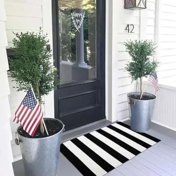 KOZYFLY Black and White Area Rug 27.5x43 Inches Striped Front Door Rug Cotton Washable Indoor Outdoor Rug Doormats Outdoor Small Striped Rugs for Kitchen Entryway Patio Front Porch Decor