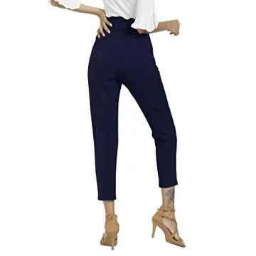 Freeprance Women's Pants Casual Trouser Paper Bag Pants Elastic Waist Slim Pockets DBL L Dary Blue