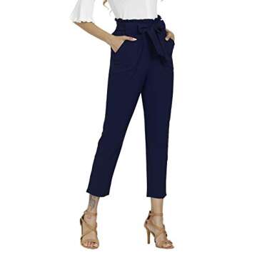 Freeprance Women's Pants Casual Trouser Paper Bag Pants Elastic Waist Slim Pockets DBL L Dary Blue