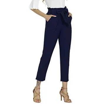 Freeprance Women's Pants Casual Trouser Paper Bag Pants Elastic Waist Slim Pockets DBL L Dary Blue