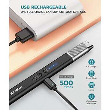 RONXS Electric Lighter, Candle Lighter with Safety Lock Windproof Flamless Arc Rechargeable Long Lighter with Battery Indicator (Black&Champagne 2pcs)