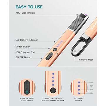 RONXS Electric Lighter, Candle Lighter with Safety Lock Windproof Flamless Arc Rechargeable Long Lighter with Battery Indicator (Black&Champagne 2pcs)