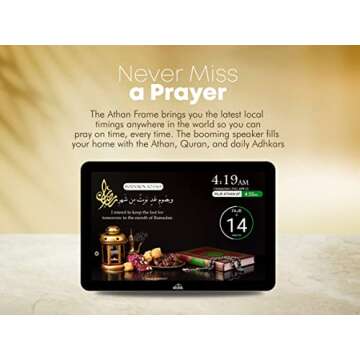 Masjidal 10" Digital Azan Clock with WiFi, Dynamic Touch Screen, Worldwide Prayer Times, Full Quran Player, Islamic Art, Streaming Halal Muslim Content: Duas, Dhikr, Hadith, Surah of The Day, Black